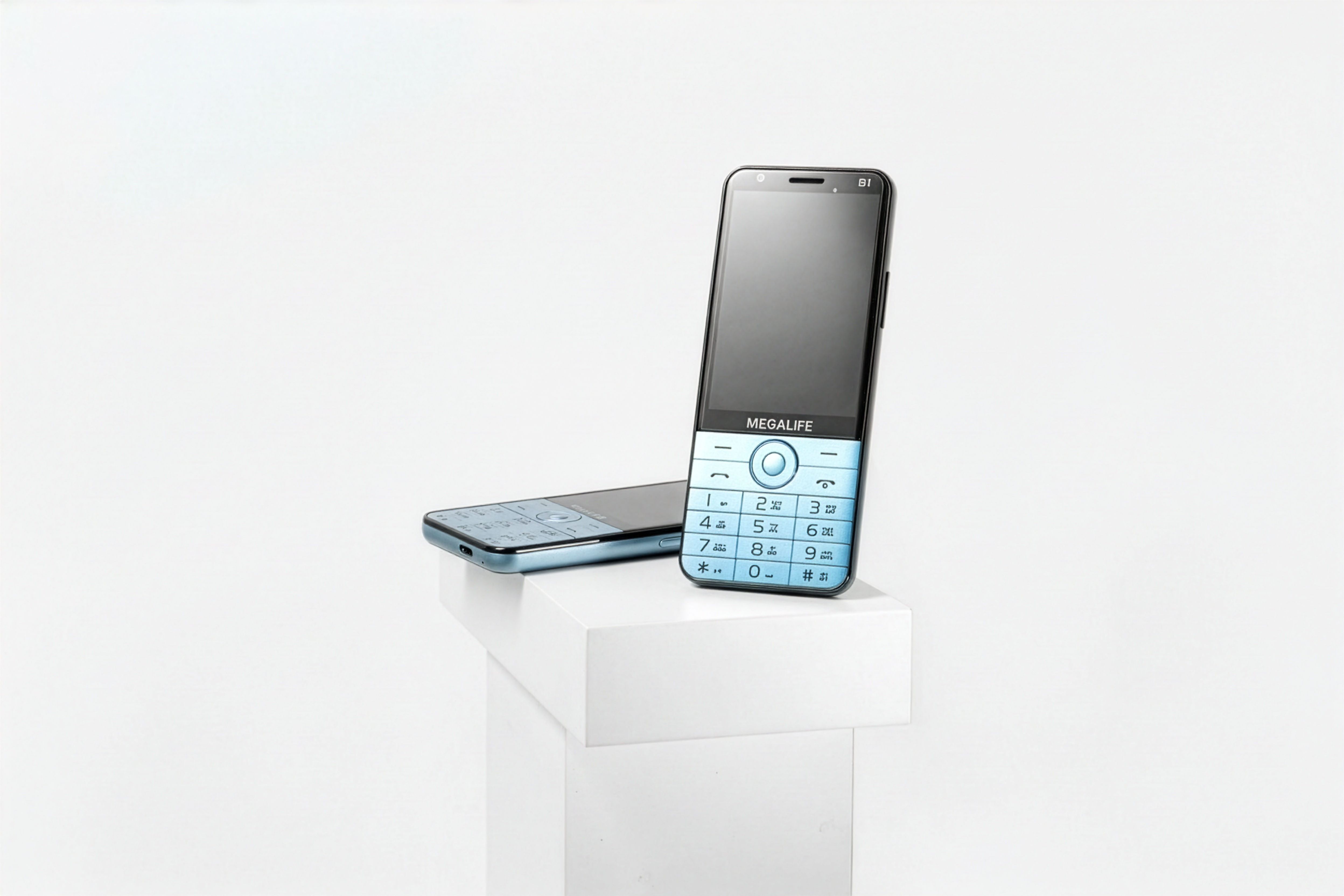 Megalife B2 light blue candy-bar phone floating against a cream-to-navy backdrop