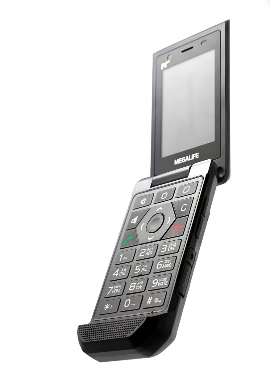 Megalife F1 grey-black clamshell flip phone floating against a cream-to-navy backdrop